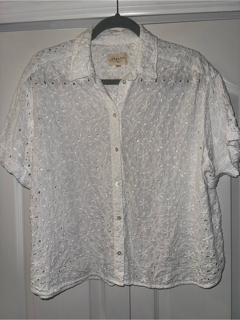 Sézane Laurineta White Eyelet Short-Sleeve  blouse